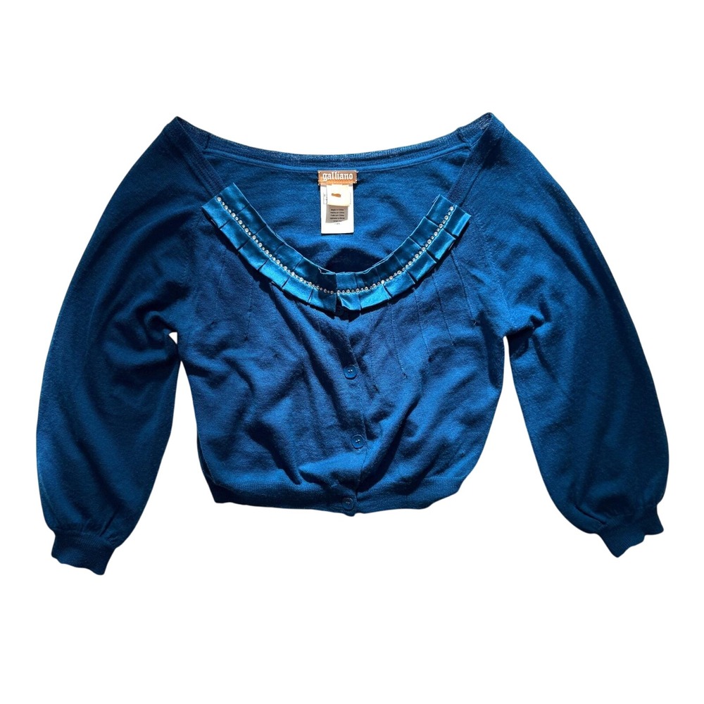 Vintage Galliano Blue Knit Cardigan – Size Small – Y2K Style Satin Ribbon Trim